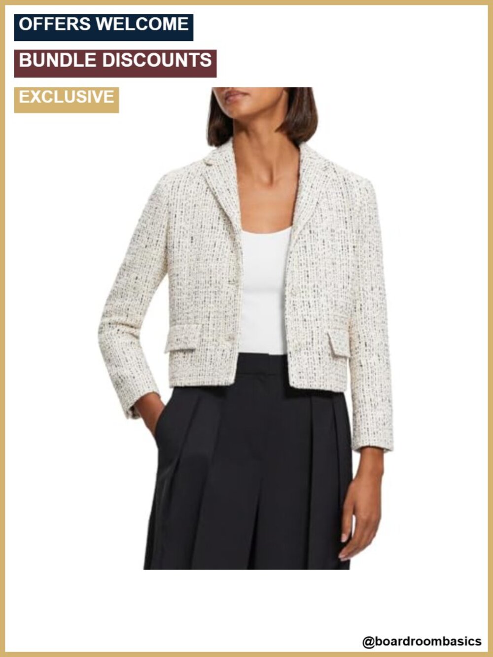 Women's Straight Tweed Crop Jacket Three-Button Long Sleeve Notch Collar